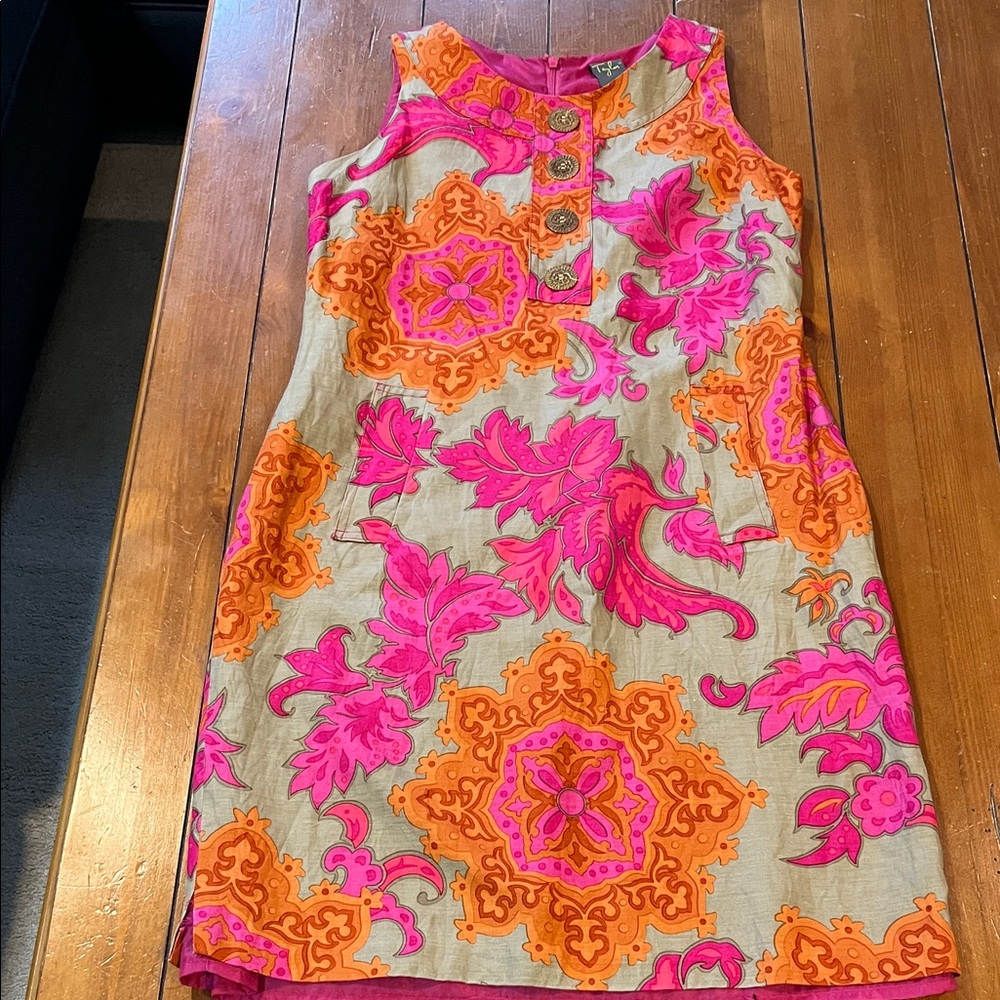 Taylor Silk Pink Orange Floral Abstract Print Linen Blend Sheath Dress Sz 6 EUC